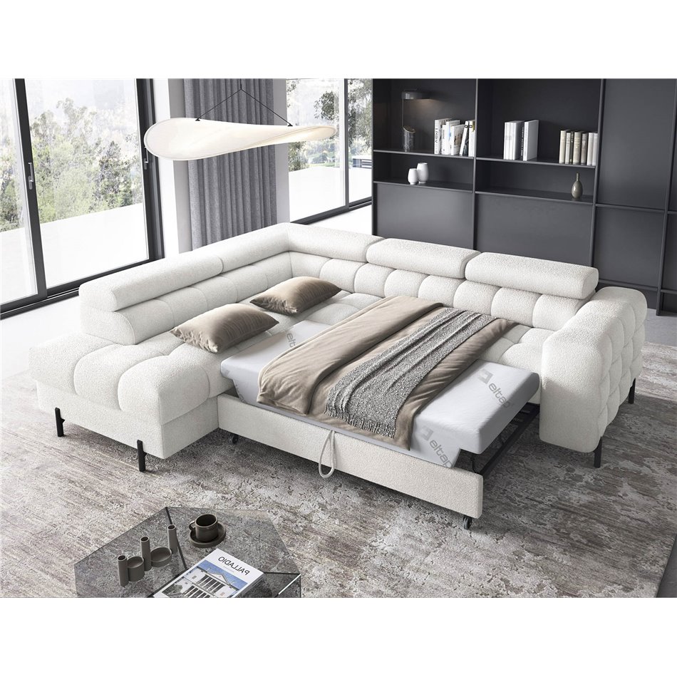 Corner sofa Elferucce L, sleeping function, Royal 01, bouclé, white, H93x200x276cm