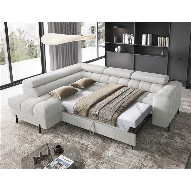 Corner sofa Elferucce L, sleeping function, Royal 03, bouclé, grey, H93x200x276cm