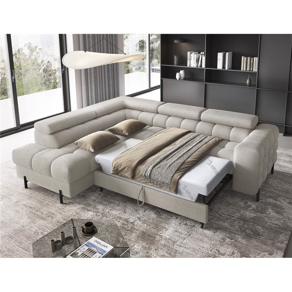 Corner sofa Elferucce L, sleeping function, Royal 20, bouclé, beige, H93x200x276cm