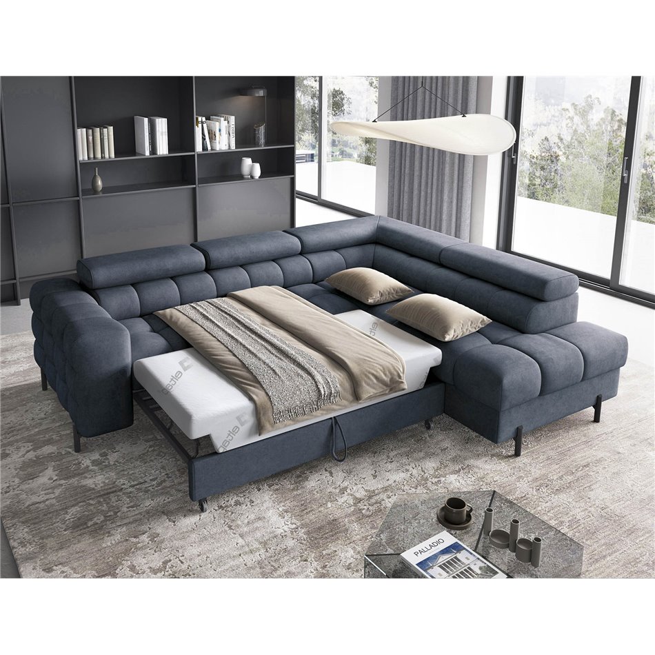Corner sofa Elferucce R, sleeping function, Aura 40, velvet, dark blue, H93x200x276cm