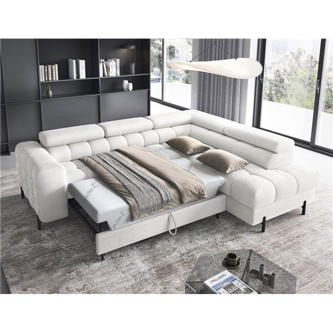 Corner sofa Elferucce R, sleeping function, Royal 01, bouclé, white, H93x200x276cm