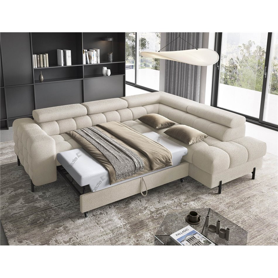 Corner sofa Elferucce R, sleeping function, Royal 18, bouclé, beige, H93x200x276cm