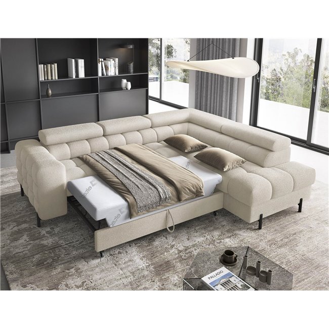 Corner sofa Elferucce R, sleeping function, Royal 18, bouclé, beige, H93x200x276cm