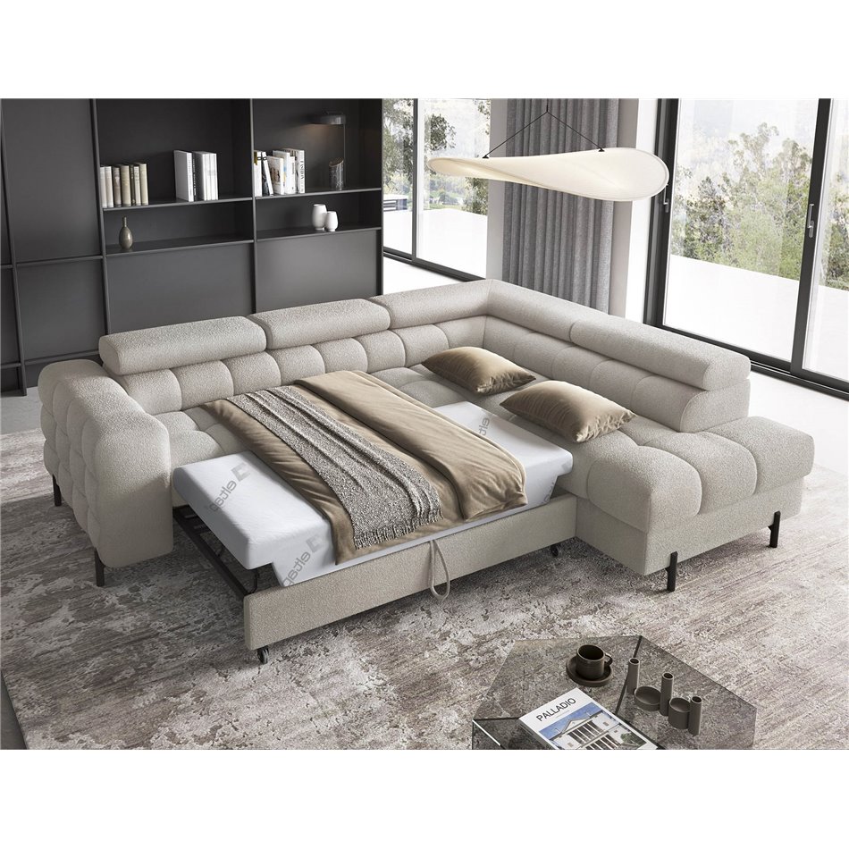 Corner sofa Elferucce R, sleeping function, Royal 20, bouclé, beige, H93x200x276cm