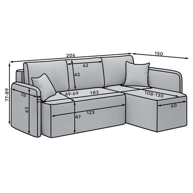 Corner sofa Elhandson R, sleeping function, Lukso 35, velvet, green, H89x150x206cm