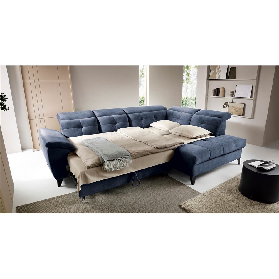 Corner sofa Elinferne R, sleeping function, Relax 40, velvet, dark blue, H107x210x297cm