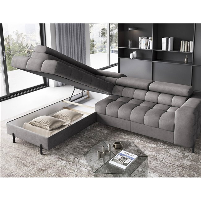 Corner sofa Elferucce L, sleeping function, Aura 04, velvet, grey, H93x200x276cm
