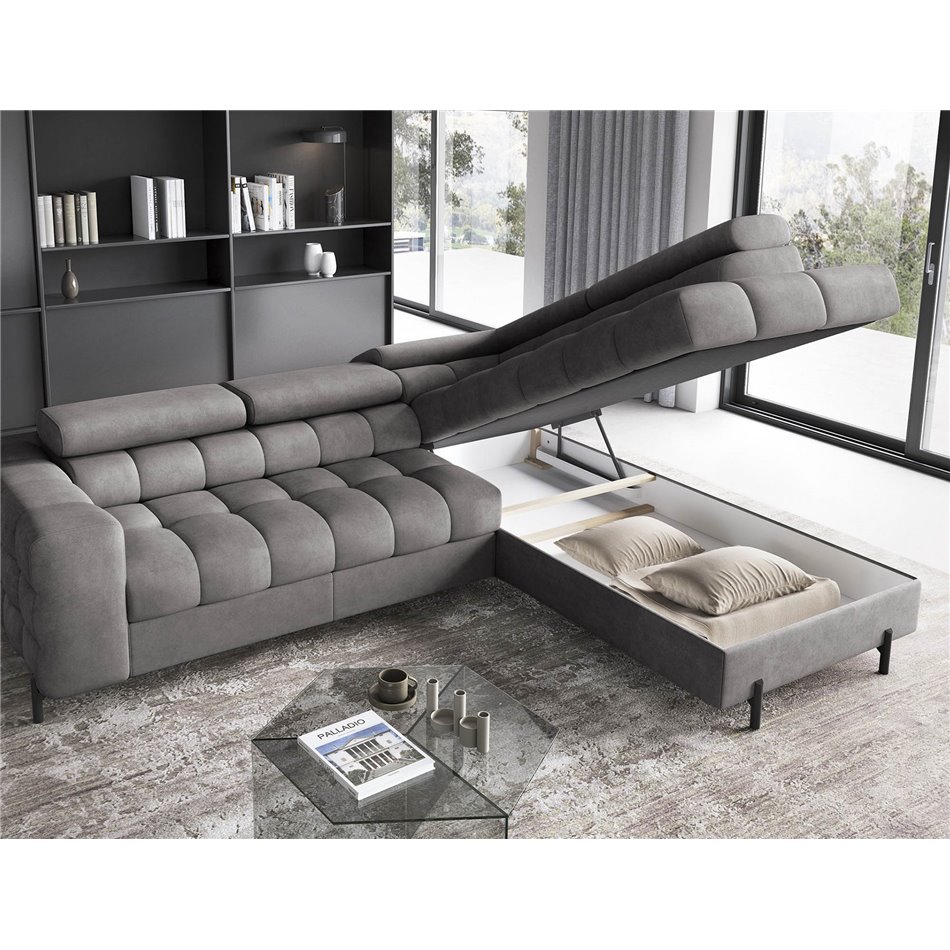 Corner sofa Elferucce R, sleeping function, Aura 04, velvet, grey, H93x200x276cm