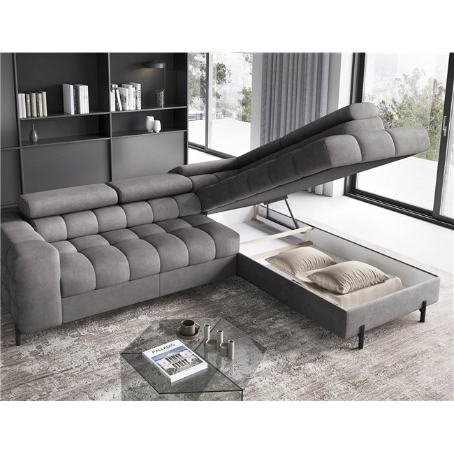 Corner sofa Elferucce R, sleeping function, Aura 04, velvet, grey, H93x200x276cm