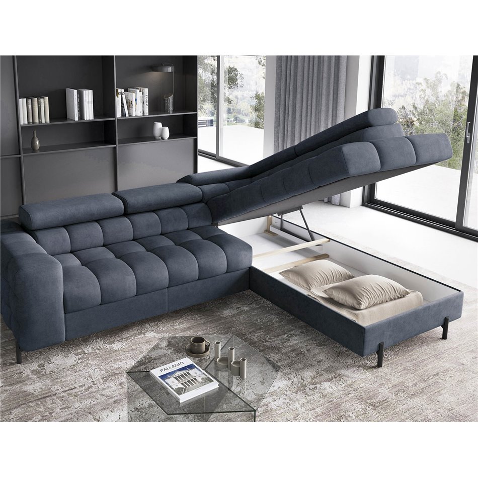 Corner sofa Elferucce R, sleeping function, Aura 40, velvet, dark blue, H93x200x276cm