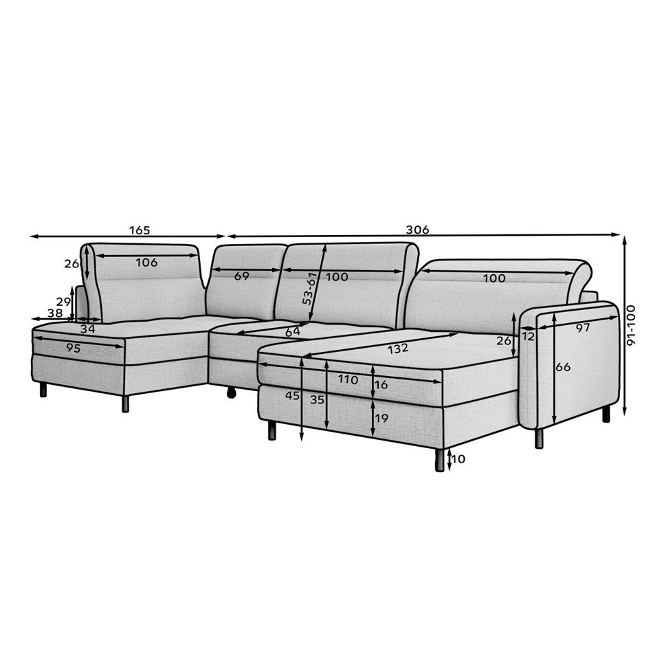 U shape sofa Elberto L, sleeping function, Toscany 20, velvet, brown, H100x165x306cm