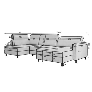 U shape sofa Elberto R, sleeping function, Toscany 20, velvet, brown, H100x165x306cm