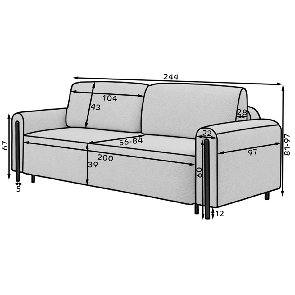 Sofa bed Elcadova Oak, sleeping function, Jarell 20, wavy velvet, dark beige, H97x97x244cm