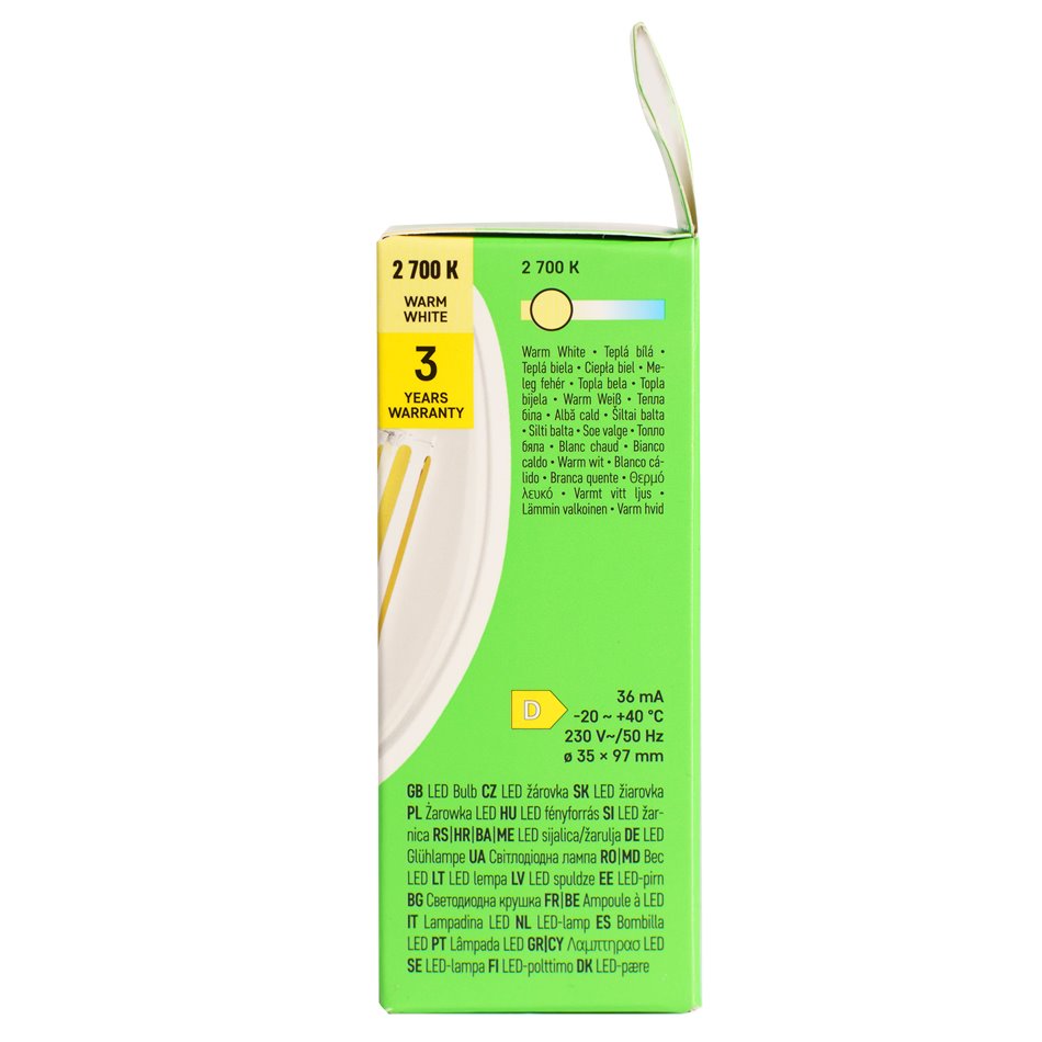 Светодиодная лампочка теплый белый, E14 5.9W, 806lm, 2700K, H9.7x3.5x3.5cm
