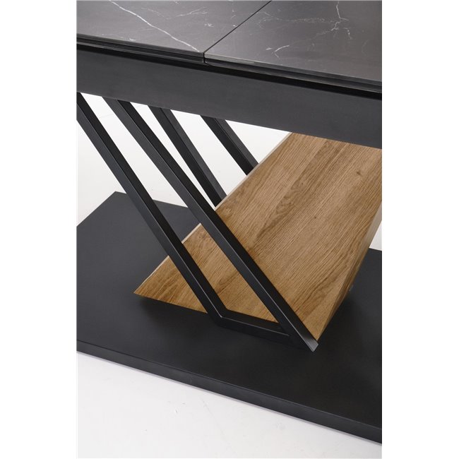 Extendable dining table Holant, black/oak pattern/gold colors,, 140-180x90cm H76cm 
