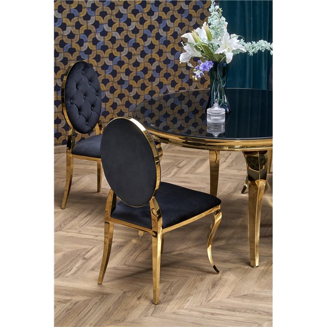 Dining table Heginald G, black/gold color, steel/glass, D120cm, H76cm 