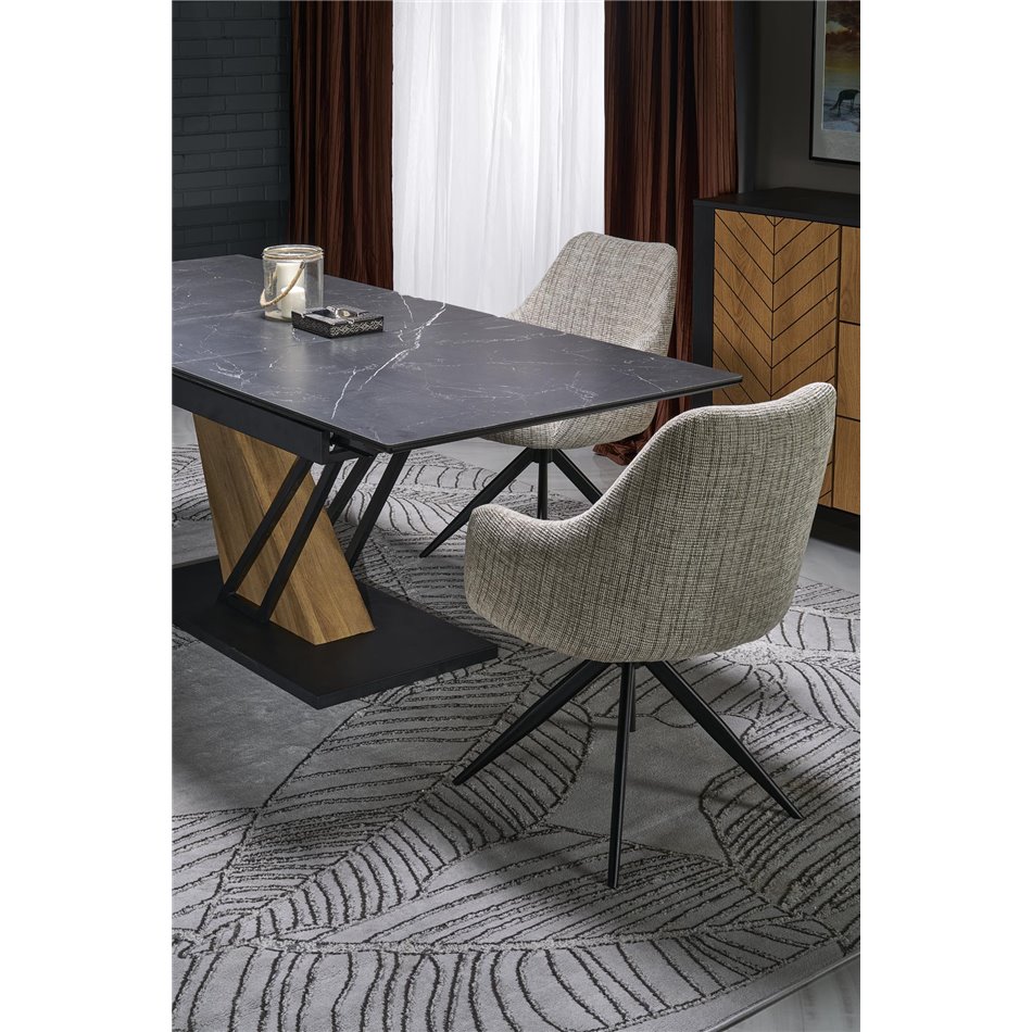 Extendable dining table Holant, black/oak pattern/gold colors,, 140-180x90cm H76cm 