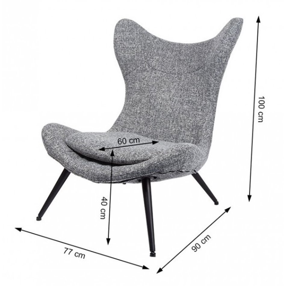 Кресло Zento, серое, H-100x77x90см, высота сиденья 40см
