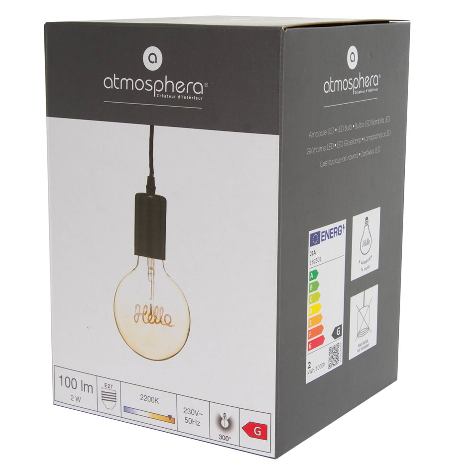 Декоративная лампочка Hello LED, янтарный цвет, E27, 100lm, 2200K, 2W, D12.5XH17см