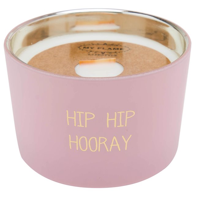 Scented soy candle in glass jar Hip hip hooray, pink, 25 h, H5cm, D7.5cm