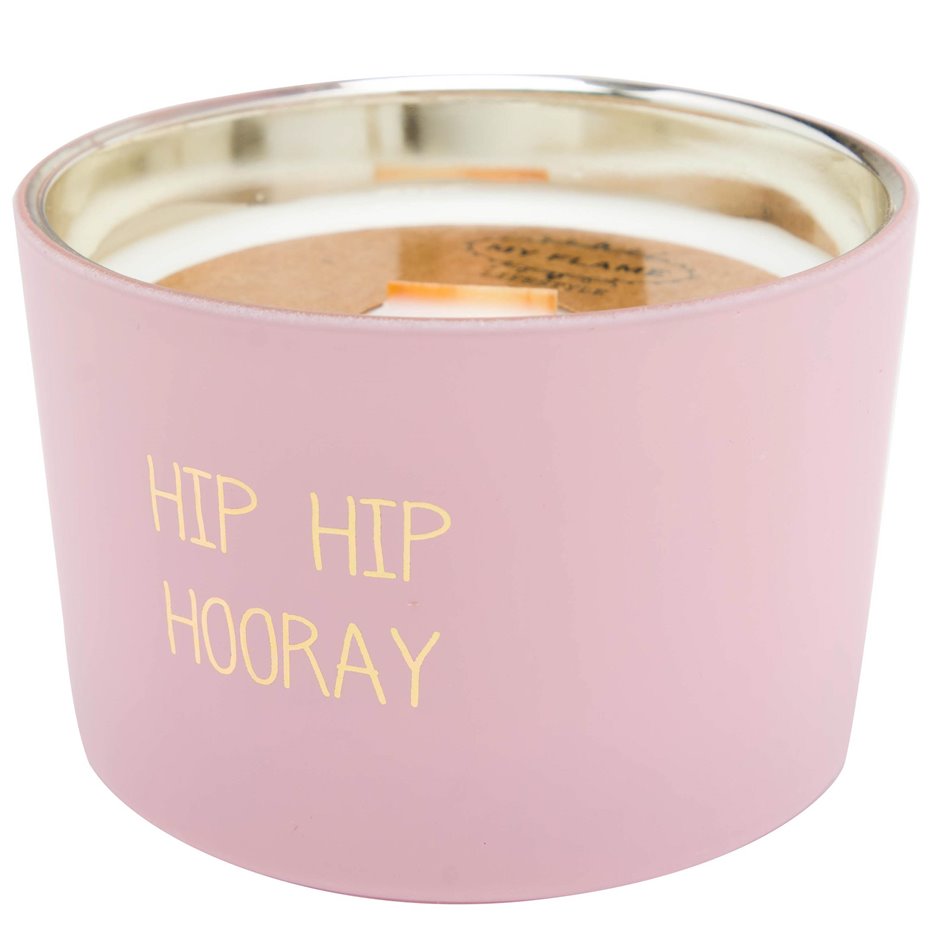 Scented soy candle in glass jar Hip hip hooray, pink, 25 h, H5cm, D7.5cm