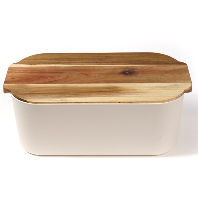 Bread box with acacia wood lid, white/natural, H19x33x12cm