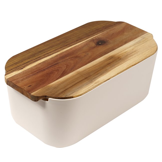 Bread box with acacia wood lid, white/natural, H19x33x12cm