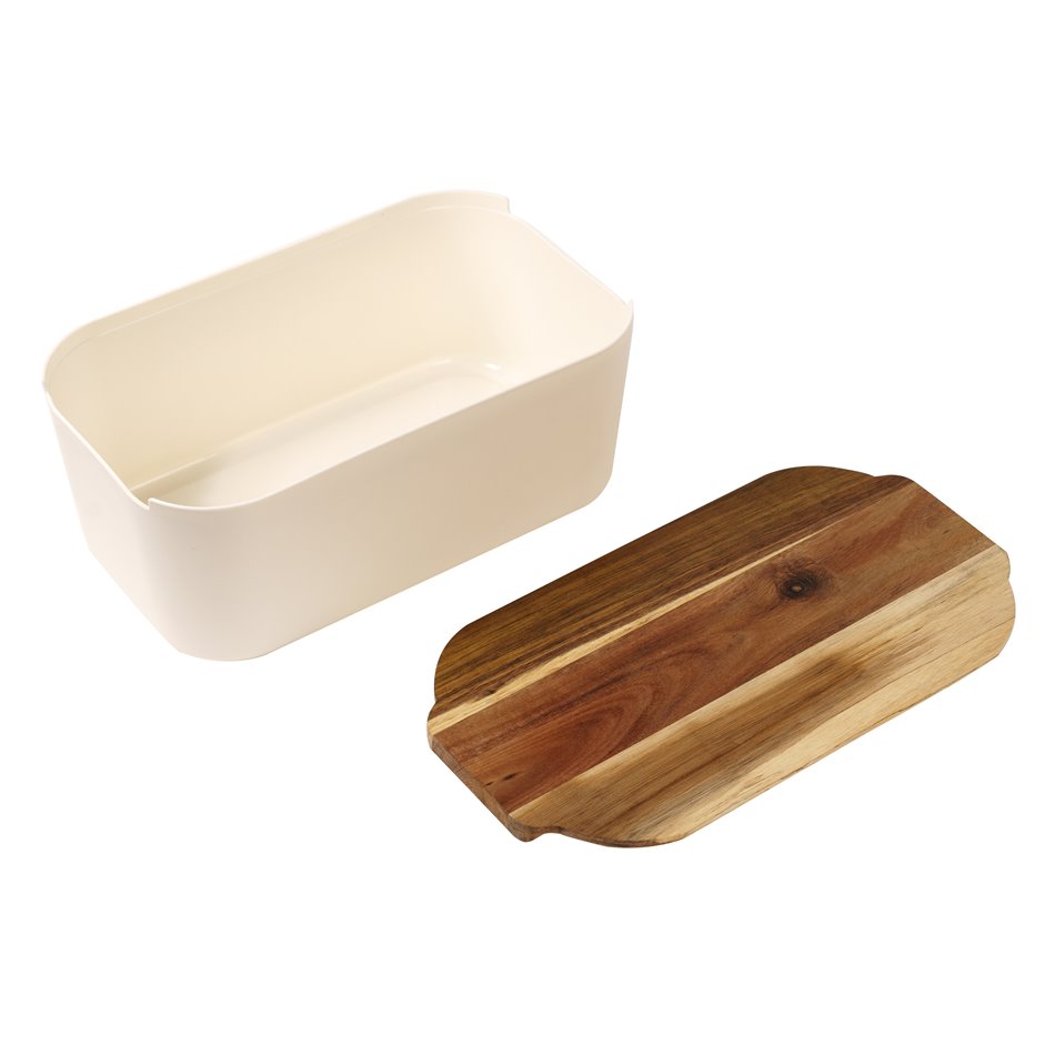 Bread box with acacia wood lid, white/natural, H19x33x12cm
