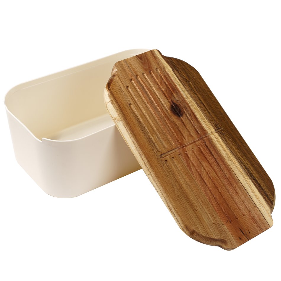 Bread box with acacia wood lid, white/natural, H19x33x12cm