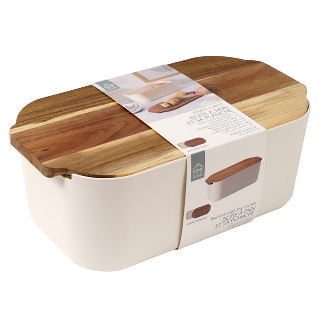 Bread box with acacia wood lid, white/natural, H19x33x12cm