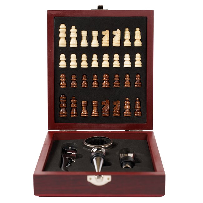 Wine set of 4, with chess board and pieces, H4.5x16.7x14.7cm