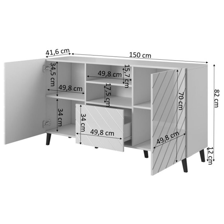 Sideboard Habeto, glossy white, chipboard, H82x150x41.6cm 