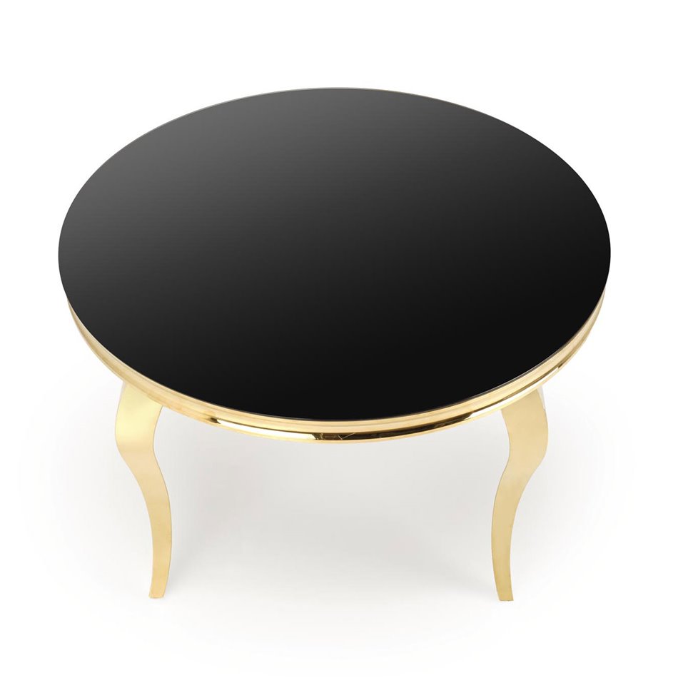 Dining table Heginald G, black/gold color, steel/glass, D120cm, H76cm 