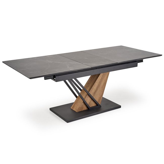 Extendable dining table Holant, black/oak pattern/gold colors,, 140-180x90cm H76cm 