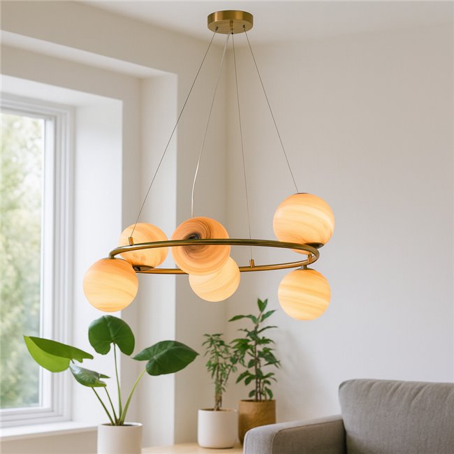 Подвесной светильник Rokko 6, сине-бежевый/хромовый цвет, H45-135cm, D75cm, E14x6 40W(MAX)