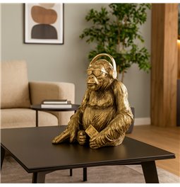 Deco figurine Gorilla listen music, gold color, H43x24x26cm