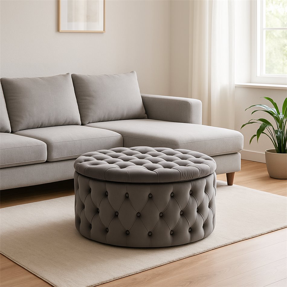 Ottoman with storage box Hunez, grey velvet, D70cm, H40cm