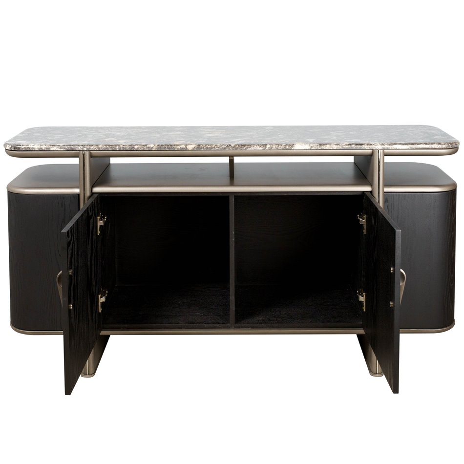 Sideboard Savelli black, metal/artificial marble/MDF/wood veneer, H77x150x40cm