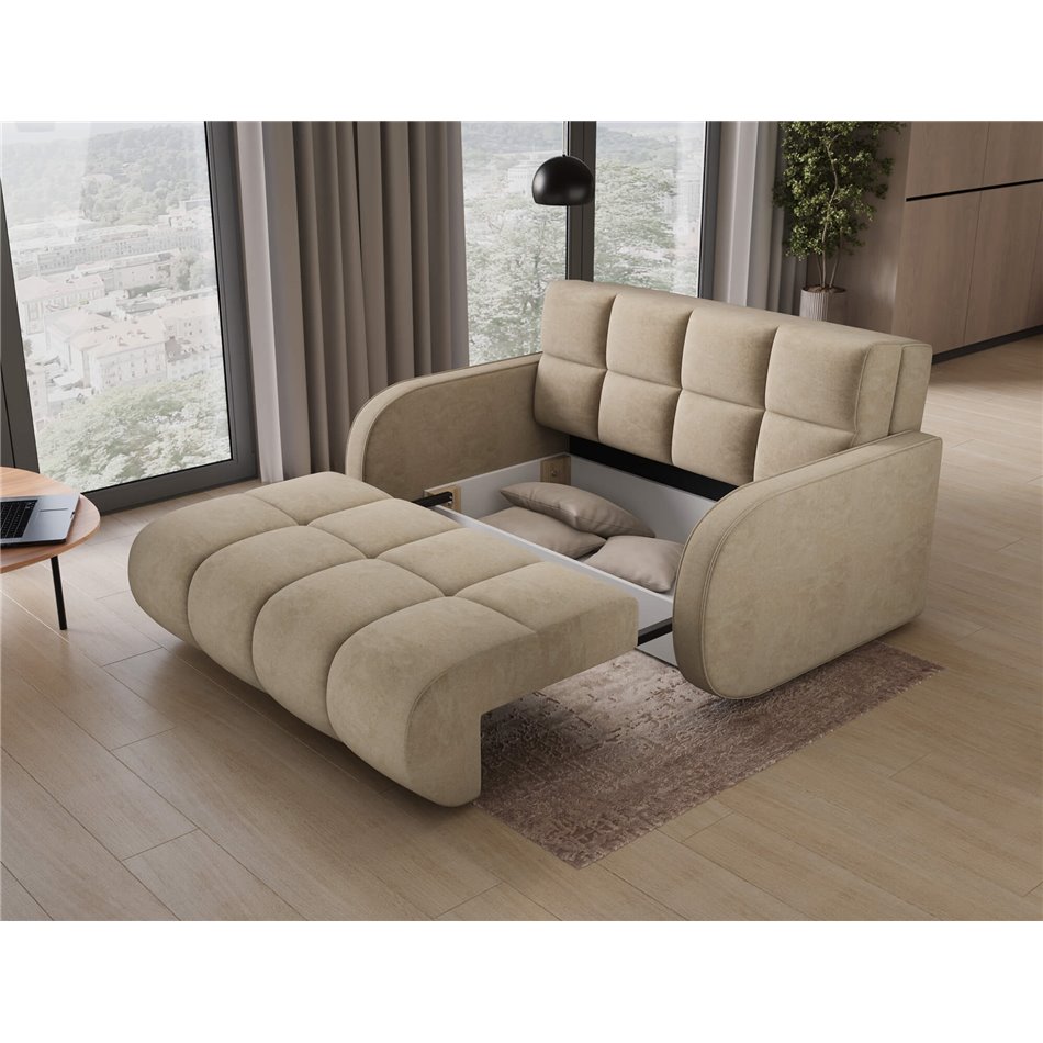 Sofa bed Eldeverio 3-seater, sleeping function, Aura 18, velvet, beige, H83x154x103cm