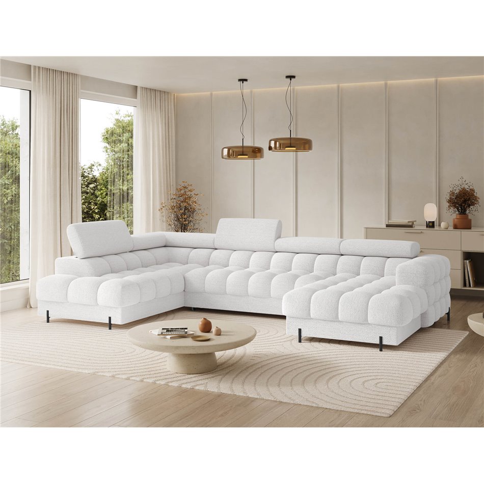 U-shaped sofa Elferaria L, sleeping function, Royal 01, boucle, white, H93x358x202cm