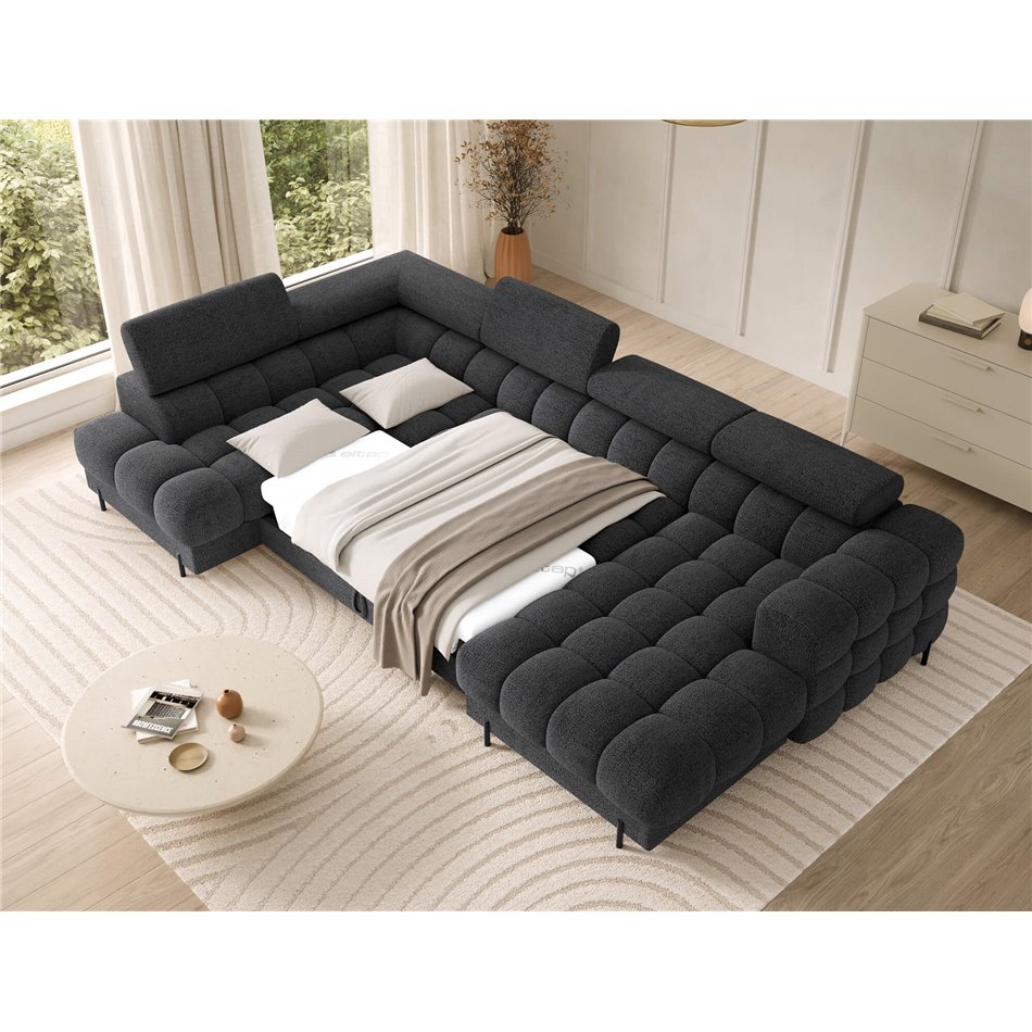 U-shaped sofa Elferaria L, sleeping function, Royal 05, boucle, dark grey, H93x358x202cm