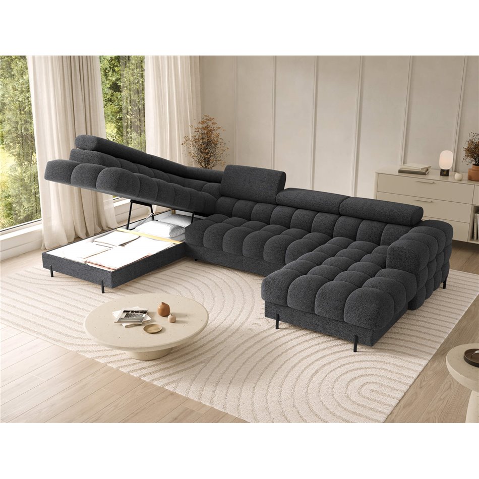 U-shaped sofa Elferaria L, sleeping function, Royal 05, boucle, dark grey, H93x358x202cm