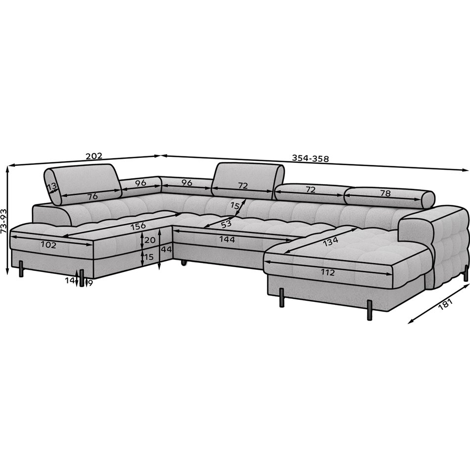 U-shaped sofa Elferaria L, sleeping function, Royal 05, boucle, dark grey, H93x358x202cm