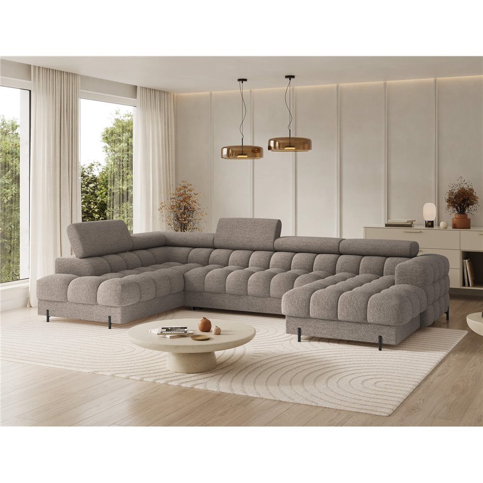 U-shaped sofa Elferaria L, sleeping function, Royal 20, boucle, dark beige, H93x358x202cm