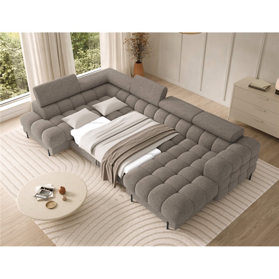 U-shaped sofa Elferaria L, sleeping function, Royal 20, boucle, dark beige, H93x358x202cm