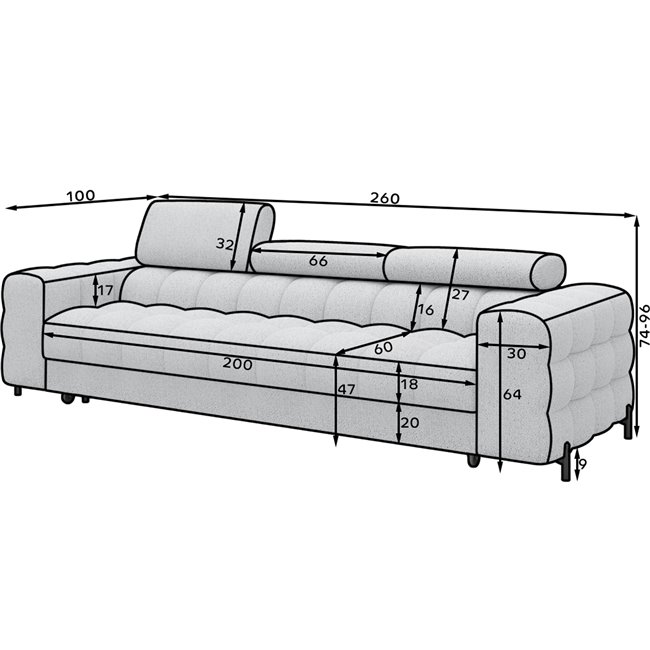 Sofa bed Efestello, sleeping function, Baffix 20, brown, H96x260x100cm