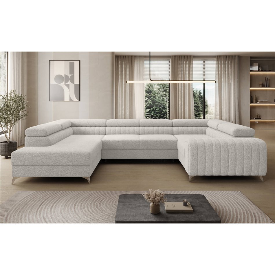 U-shaped sofa Eluis L, sleeping function, Royal 01, boucle, white, H92x347x202cm