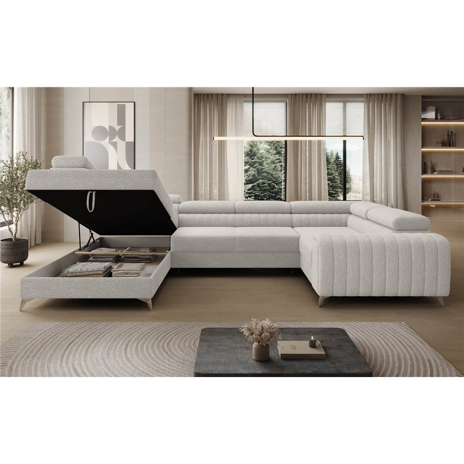 U-shaped sofa Eluis L, sleeping function, Royal 01, boucle, white, H92x347x202cm