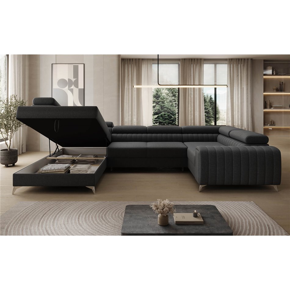 U-shaped sofa Eluis L, sleeping function, Sawana 14, black, H92x347x202cm