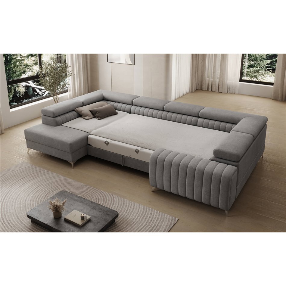 U-shaped sofa Eluis L, sleeping function, Monolith 85, velvet, grey, H92x347x202cm